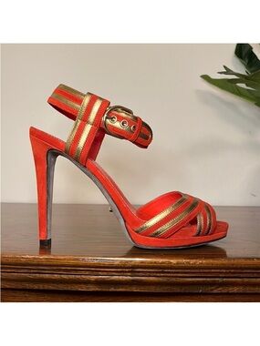 Sergio Rossi Silk & Leather Open Toe Heels
